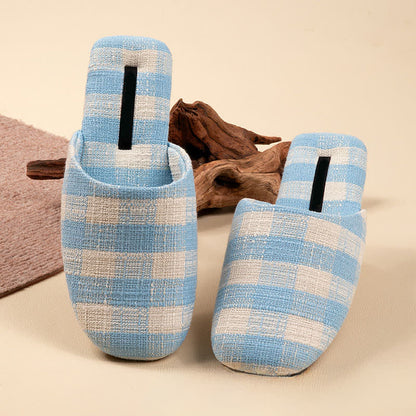 Eleganti pantofole antiscivolo in cotone e lino a quadri. - Blu - L - image 10