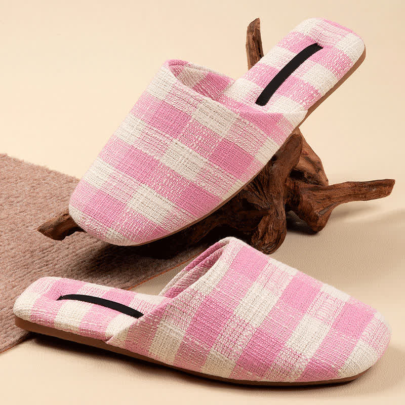 Eleganti pantofole antiscivolo in cotone e lino a quadri. - Rosa - L - image 5