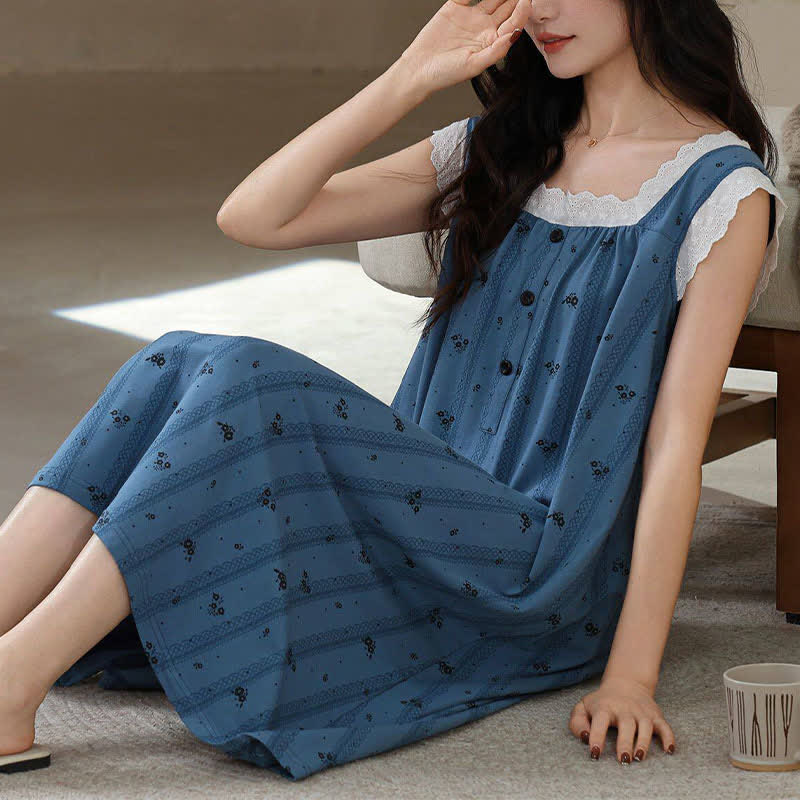 Camicia da notte senza maniche in pizzo di cotone a righe floreali - image 2