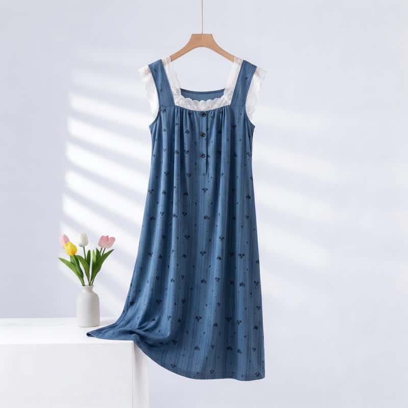 Camicia da notte senza maniche in pizzo di cotone a righe floreali - Blu - 2XL - image 0