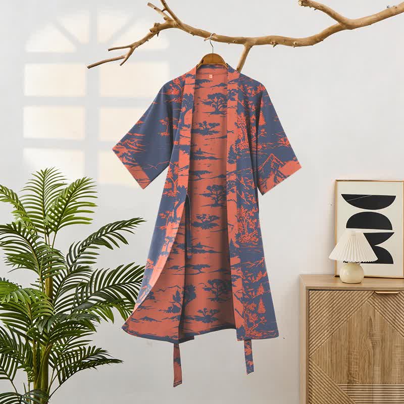 Kimono unisex in garza di cotone con stampa montagna e alberi - image 1