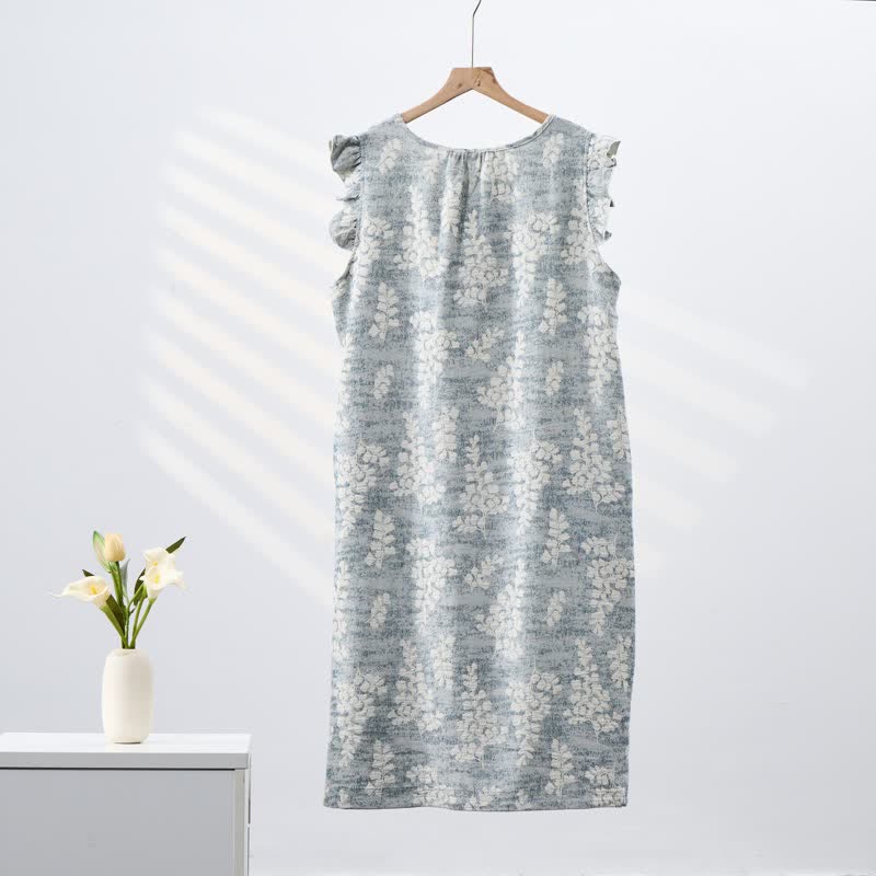Elegante camicia da notte senza maniche in puro cotone con stampa botanica. - image 3