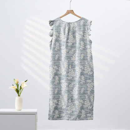 Elegante camicia da notte senza maniche in puro cotone con stampa botanica. - image 3