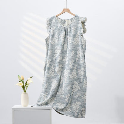 Elegante camicia da notte senza maniche in puro cotone con stampa botanica. - image 2