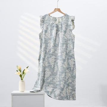 Elegante camicia da notte senza maniche in puro cotone con stampa botanica. - Blu - XL - image 0