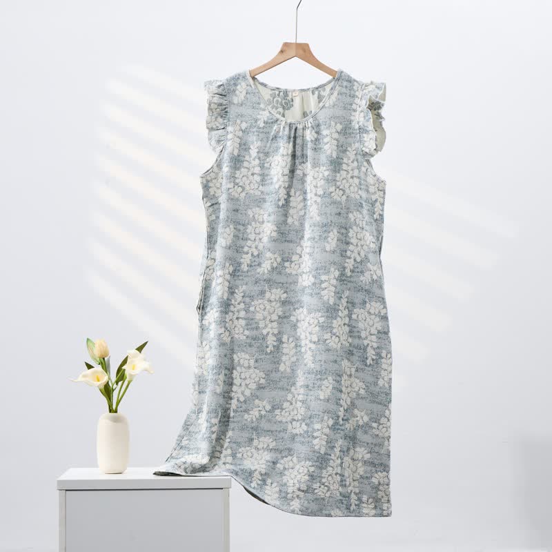 Elegante camicia da notte senza maniche in puro cotone con stampa botanica. - Blu - XL - image 0