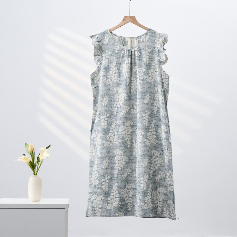 Elegante camicia da notte senza maniche in puro cotone con stampa botanica. - image 1