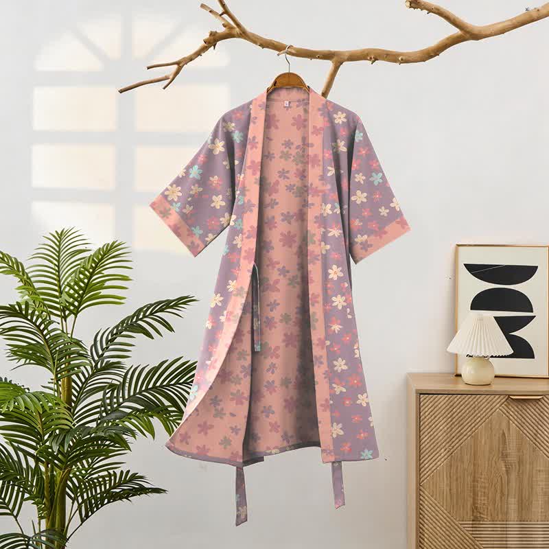 Kimono in garza di cotone a fantasia floreale viola - image 1