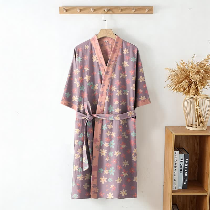 Kimono in garza di cotone a fantasia floreale viola - image 2