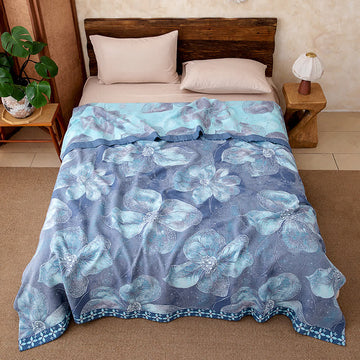 Coperta in garza di cotone blu country con stampa floreale - 220cm x 240cm - image 0