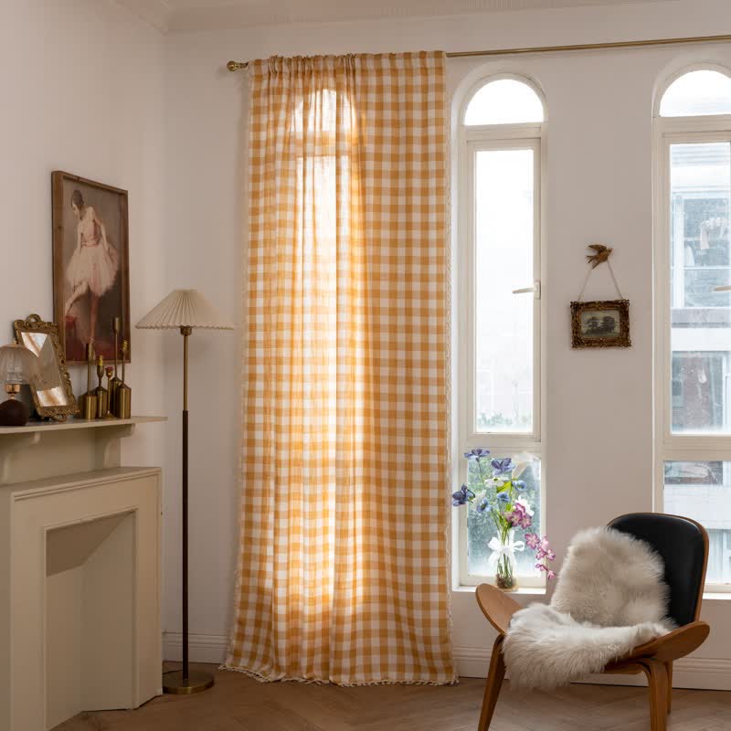 Tenda a griglia in stile rustico con nappe - Giallo - 140cm x 300cm - image 13