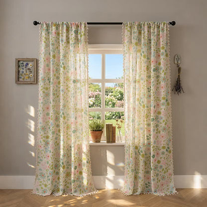 Tenda con stampa di margherite e foglie e nappe - 132cm x 241cm - image 0