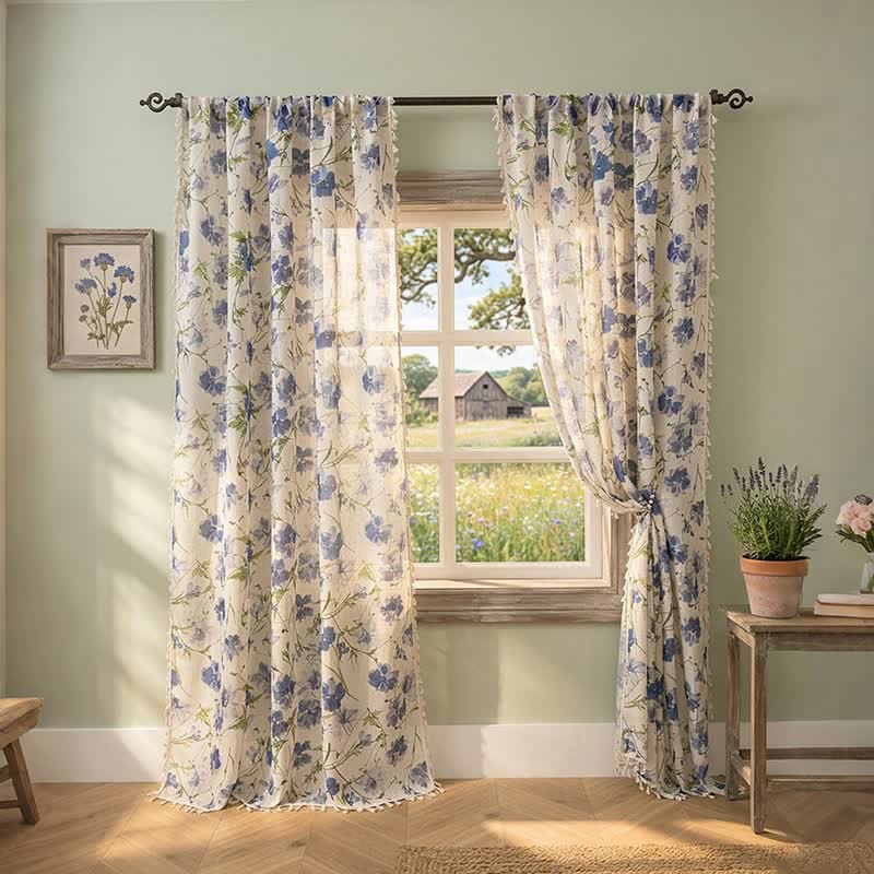 Tenda blu con stampa floreale e nappe - 132cm x 241cm - image 0