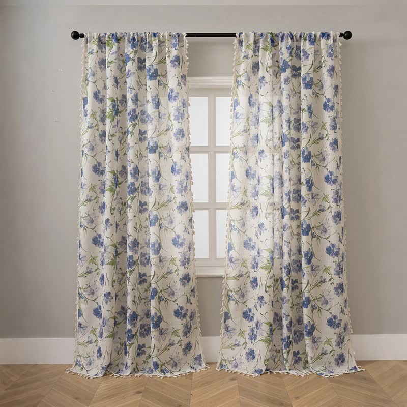 Tenda blu con stampa floreale e nappe - image 1