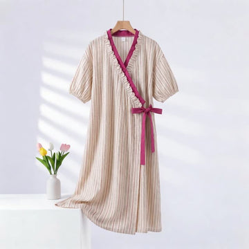 Camicia da notte a righe a pois con volant e laccetti laterali - Rosa - 2XL - image 0
