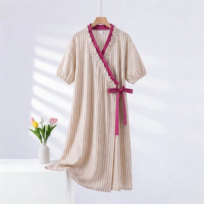 Camicia da notte a righe a pois con volant e laccetti laterali - Rosa - 2XL - image 0