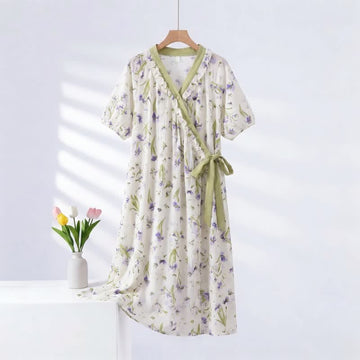 Camicia da notte viola con volant e stampa floreale e laccetti laterali - Verde - 2XL - image 0