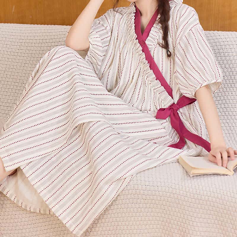 Camicia da notte a righe a pois con volant e laccetti laterali - image 3