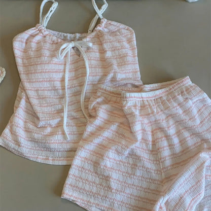 Completo pigiama con canotta e pantaloncini a righe con fiocco sul davanti. - image 11
