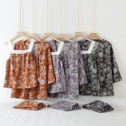 Set pigiama a 3 pezzi in puro cotone con fantasia floreale - image 1
