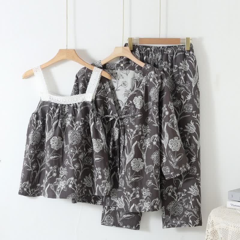 Set pigiama a 3 pezzi in puro cotone con fantasia floreale - Grigio scuro - L - image 12
