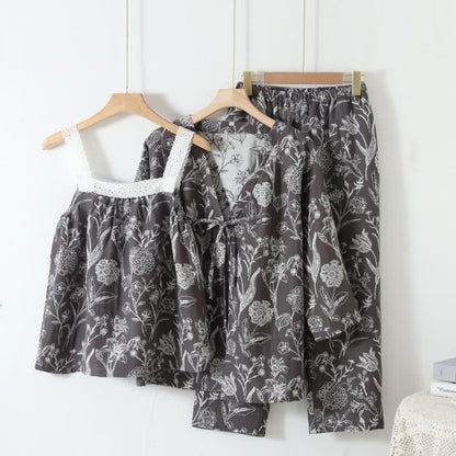 Set pigiama a 3 pezzi in puro cotone con fantasia floreale - Grigio scuro - L - image 12