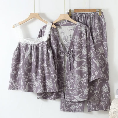 Set pigiama a 3 pezzi in puro cotone con fantasia floreale - Viola - L - image 13