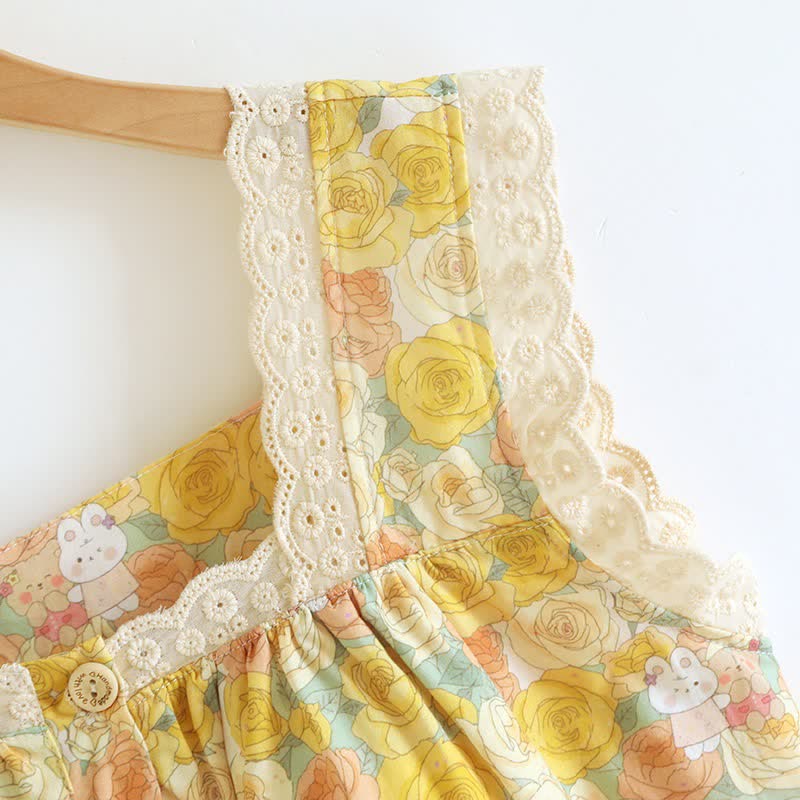 Camicia da notte in cotone con bordo in pizzo floreale giallo - image 4