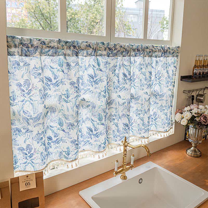 Tenda da cucina in lino con motivi floreali e nappe - image 2