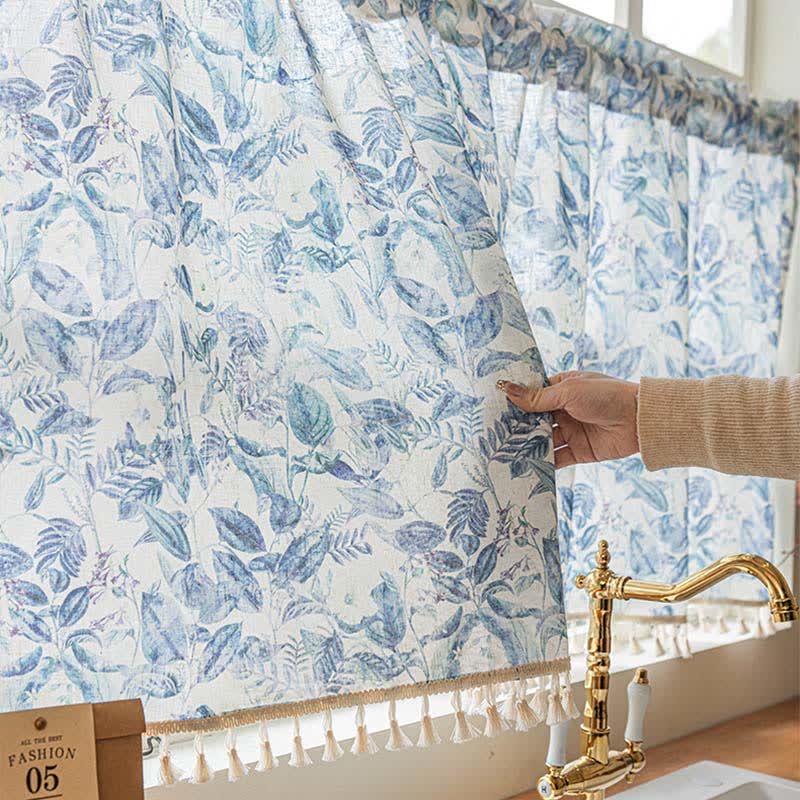 Tenda da cucina in lino con motivi floreali e nappe - image 6