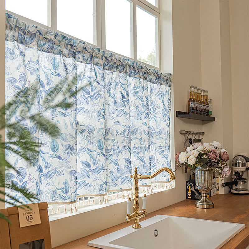 Tenda da cucina in lino con motivi floreali e nappe - image 1