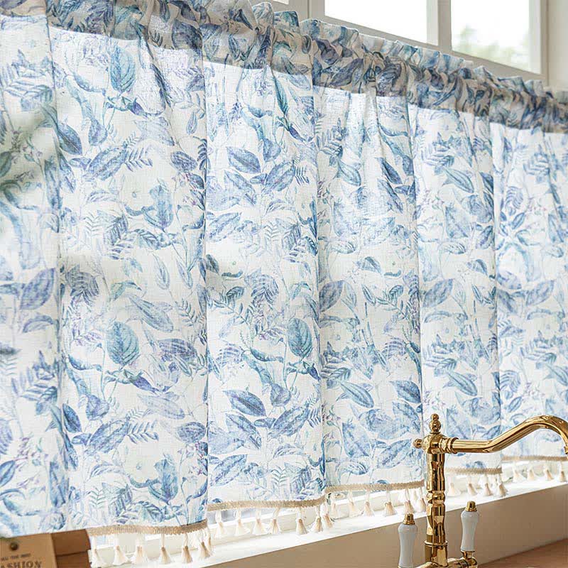 Tenda da cucina in lino con motivi floreali e nappe - image 5