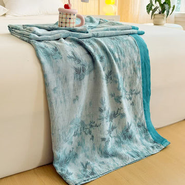 Coperta estiva artistica in fibra di bambù con motivi botanici. - Blu - 200cm x 230cm - image 0