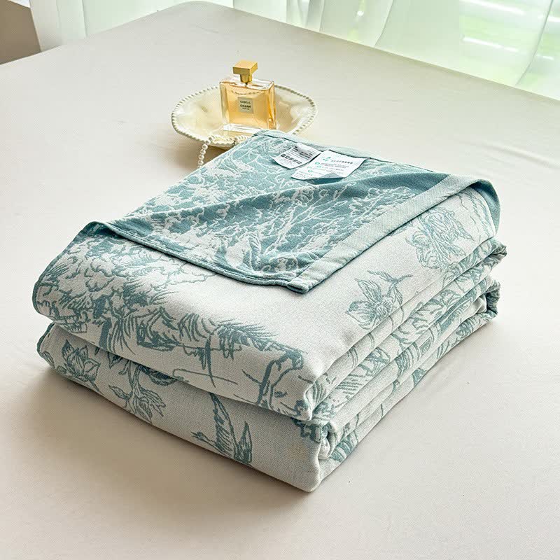 Coperta in fibra di bambù con motivo paesaggistico ad alberi - Blu - 200cm x 230cm - image 0