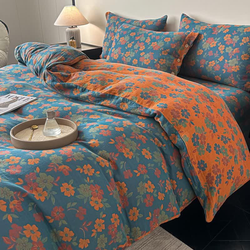 Set di biancheria da letto in garza di puro cotone con motivo floreale pastorale (4 pezzi) - image 3