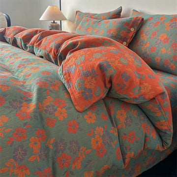 Set di biancheria da letto in garza di puro cotone con motivo floreale pastorale (4 pezzi) - Verde - Matrimoniale Grande - image 0