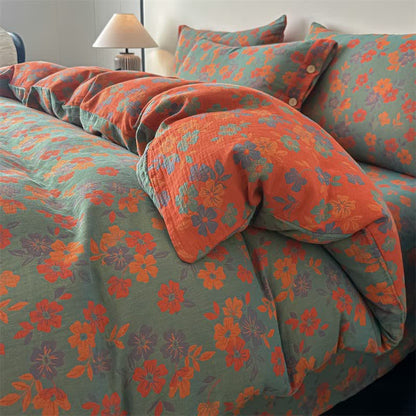 Set di biancheria da letto in garza di puro cotone con motivo floreale pastorale (4 pezzi) - Verde - Matrimoniale Grande - image 0