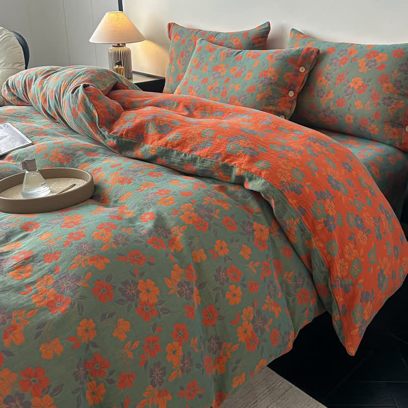 Set di biancheria da letto in garza di puro cotone con motivo floreale pastorale (4 pezzi) - image 1