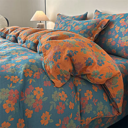 Set di biancheria da letto in garza di puro cotone con motivo floreale pastorale (4 pezzi) - Blu - Matrimoniale Grande - image 2