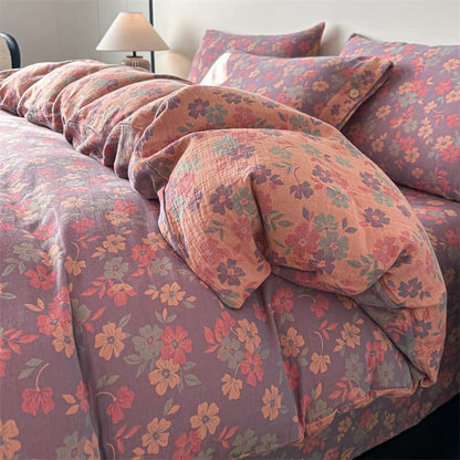 Set di biancheria da letto in garza di puro cotone con motivo floreale pastorale (4 pezzi) - Viola - Matrimoniale Grande - image 4