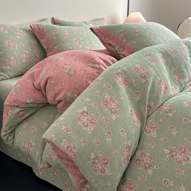 Set di biancheria da letto vintage in garza di puro cotone con motivo floreale (4 pezzi) - image 5