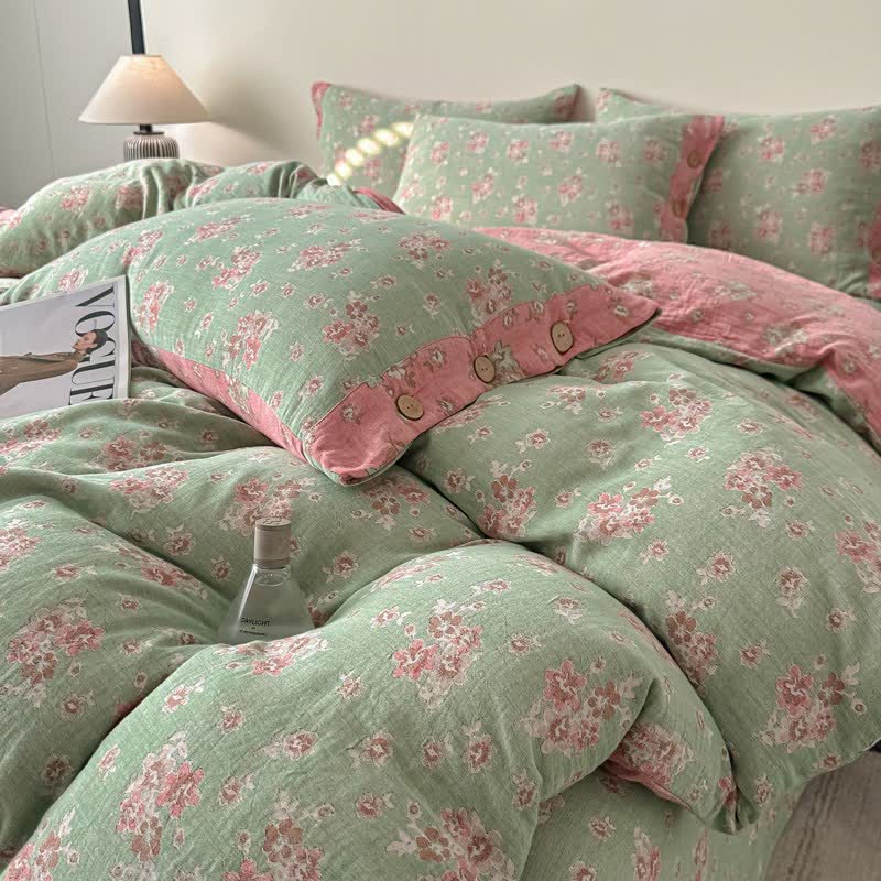 Set di biancheria da letto vintage in garza di puro cotone con motivo floreale (4 pezzi) - image 3