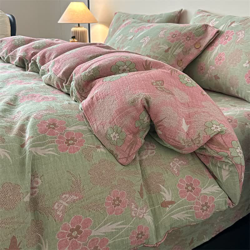 Set di 4 pezzi di biancheria da letto in garza di puro cotone con motivo floreale e farfalle. - Verde - Matrimoniale Grande - image 0