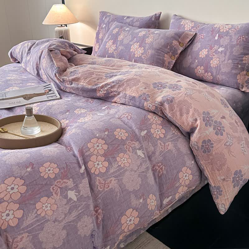 Set di 4 pezzi di biancheria da letto in garza di puro cotone con motivo floreale e farfalle. - image 3