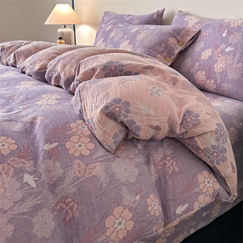 Set di 4 pezzi di biancheria da letto in garza di puro cotone con motivo floreale e farfalle. - Viola - Matrimoniale Grande - image 2
