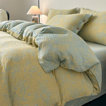 Set di 4 pezzi di biancheria da letto in garza di cotone con motivi floreali e a foglie. - Matrimoniale Grande - image 0