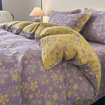Elegante set di biancheria da letto in garza di puro cotone con motivo floreale (4 pezzi) - Matrimoniale Grande - image 0