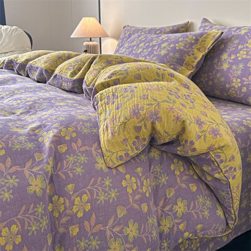 Elegante set di biancheria da letto in garza di puro cotone con motivo floreale (4 pezzi) - Matrimoniale Grande - image 0