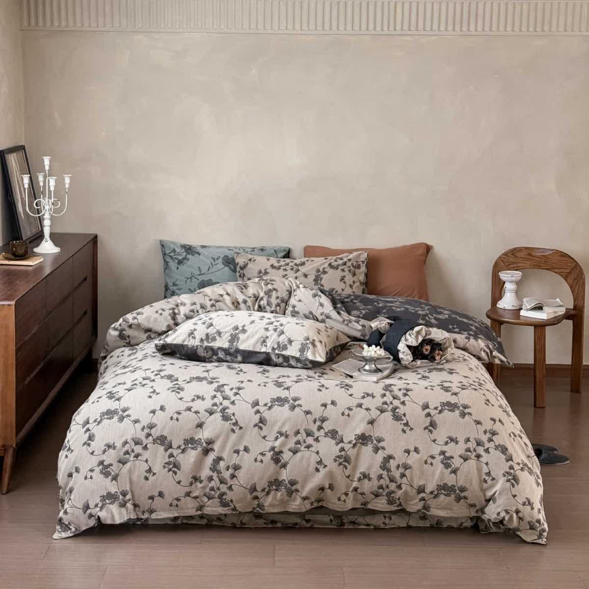 Set di biancheria da letto in puro cotone con foglie di ginkgo vintage (4 pezzi) - Grigio - Matrimoniale Grande - image 5