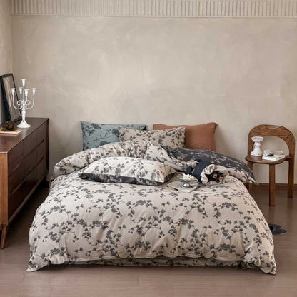 Set di biancheria da letto in puro cotone con foglie di ginkgo vintage (4 pezzi) - Grigio - Matrimoniale Grande - image 5